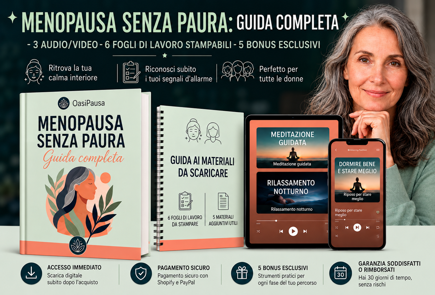 Menopausa Senza Paura: Guida Completa - 3 audio/video, 6 fogli di lavoro stampabili, 5 bonus esclusivi