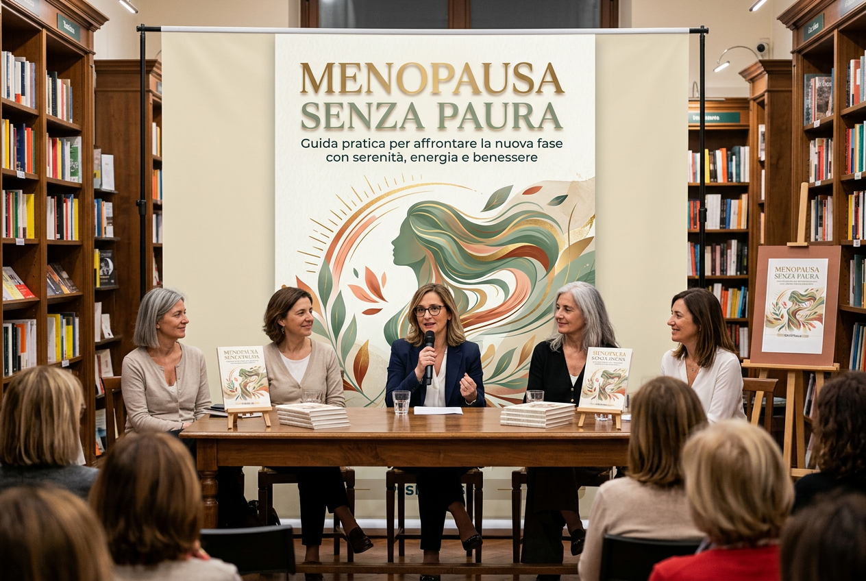Cinque esperte sul palco durante la presentazione del libro davanti al pubblico
